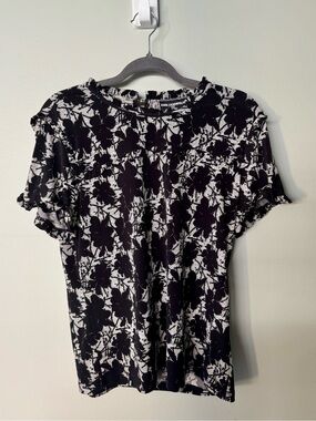 Karl Lagerfeld Black and White Floral Ruffle Sleeve Blouse